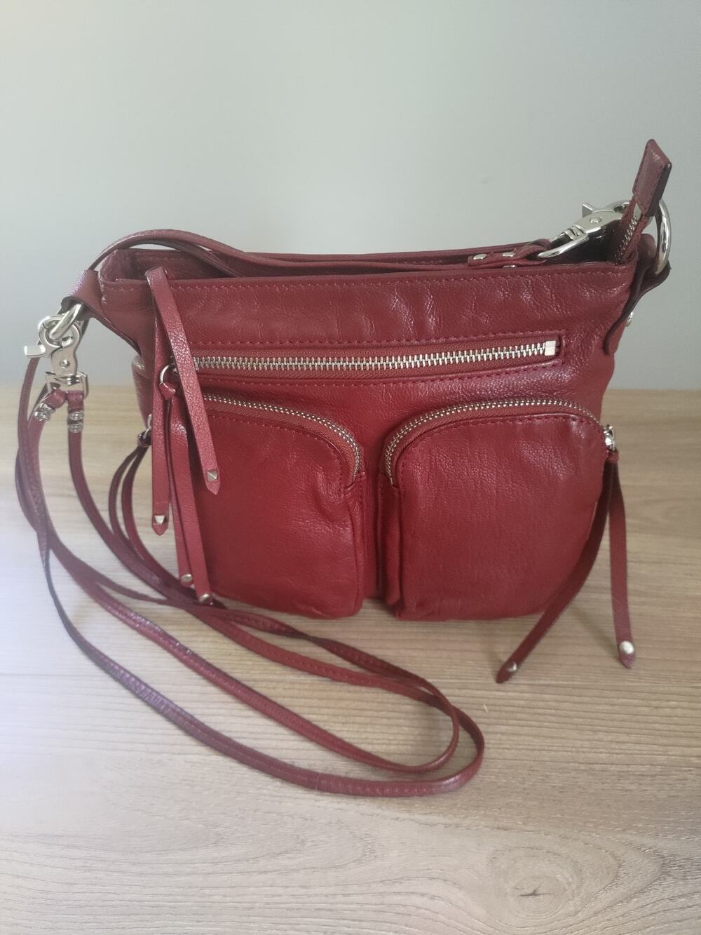 Womens Small Cross Body Handbag MZ Wallace Sophie Burgundy Leather SEE DESC